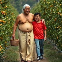 An Indonesian old woman with a huge, tall, and muscular physique, featuring big biceps and detailed six-pack abs, dressed in a cream button-up bra and low-waist long batik cloth, adorned with traditional wooden sandals