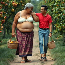 An Indonesian old woman with a huge, tall, and muscular physique, featuring big biceps and detailed six-pack abs, dressed in a cream button-up bra and low-waist long batik cloth, adorned with traditional wooden sandals