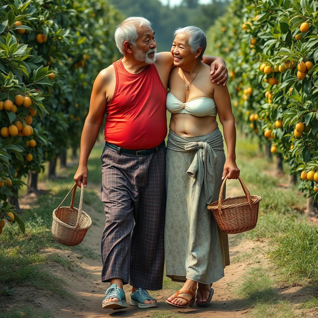 An Indonesian old woman with a huge, tall, and muscular physique, featuring big biceps and detailed six-pack abs, dressed in a cream button-up bra and low-waist long batik cloth, adorned with traditional wooden sandals