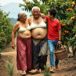 An Indonesian old woman with a huge, tall, and muscular physique, featuring big biceps and detailed six-pack abs, dressed in a cream button-up bra and low-waist long batik cloth, adorned with traditional wooden sandals