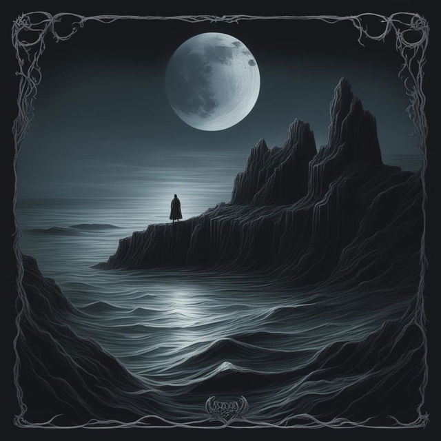 A black metal album cover featuring a chilling, moonlit ocean scene