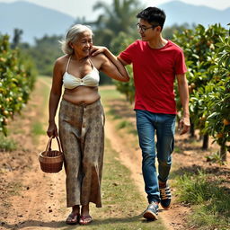 An Indonesian old woman with a tall and muscular physique, featuring pronounced biceps and detailed six-pack abs, is wearing a cream button-up bra and a low-waist long batik cloth, complemented by wooden sandals