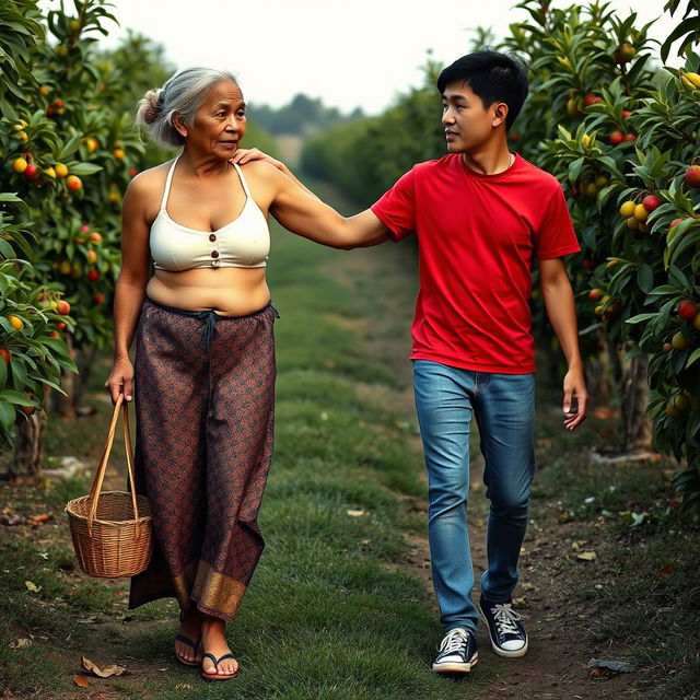 An Indonesian old woman with a tall and muscular physique, featuring pronounced biceps and detailed six-pack abs, is wearing a cream button-up bra and a low-waist long batik cloth, complemented by wooden sandals