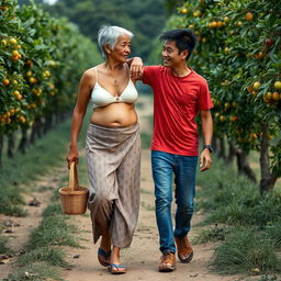 An Indonesian old woman with a tall and muscular physique, featuring pronounced biceps and detailed six-pack abs, is wearing a cream button-up bra and a low-waist long batik cloth, complemented by wooden sandals