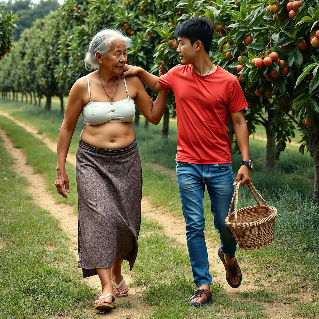 An Indonesian old woman with a very tall, fit, athletic, and muscular body, featuring very big biceps and detailed six-pack abs