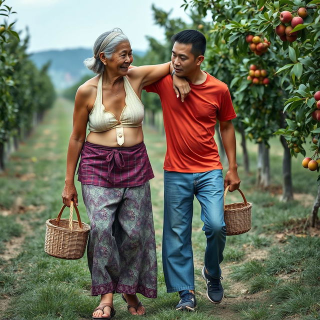 An Indonesian old woman with a very tall, fit, athletic, and muscular body, featuring very big biceps and detailed six-pack abs