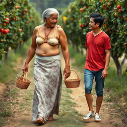 An Indonesian old woman with a very tall, fit, athletic, and muscular body, featuring very big biceps and detailed six-pack abs