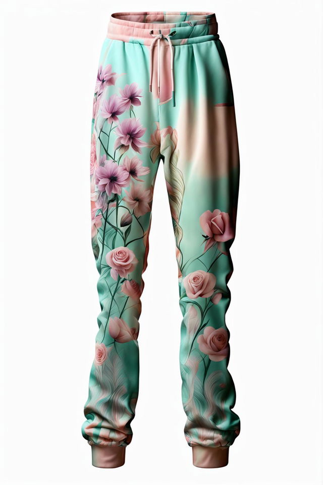 This is a description of a pair of sweatpants featuring a delicate, intricate floral print in soft pastel colors