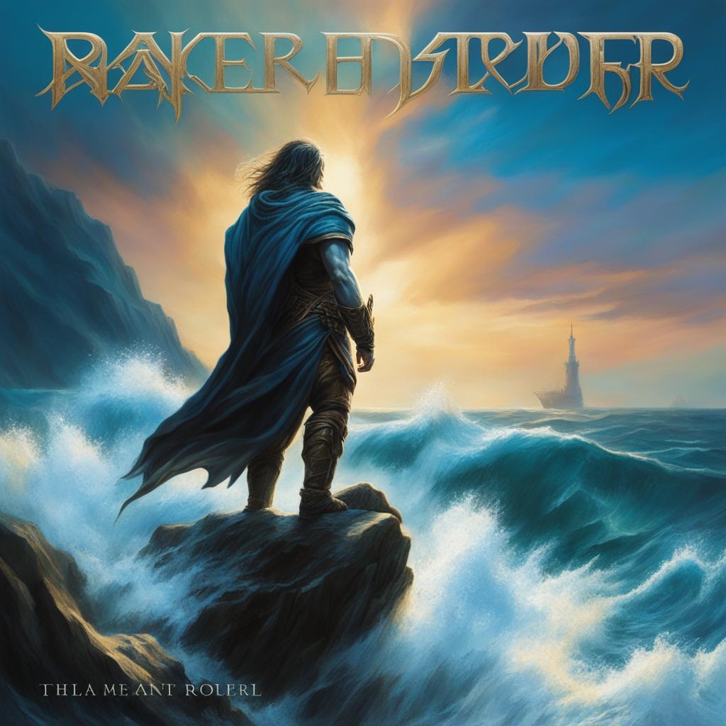 A power metal album cover featuring a vibrant, sunlit ocean scene