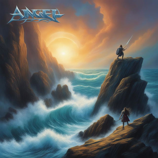 A power metal album cover featuring a vibrant, sunlit ocean scene