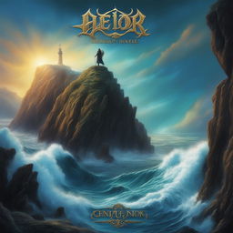 A power metal album cover featuring a vibrant, sunlit ocean scene