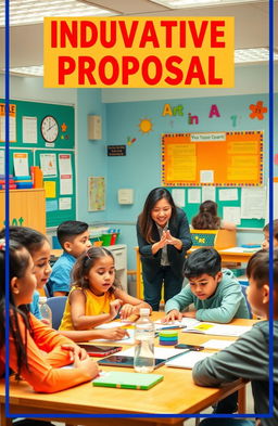 A vibrant classroom scene showcasing an innovative education proposal, featuring diverse students engaged in hands-on learning activities