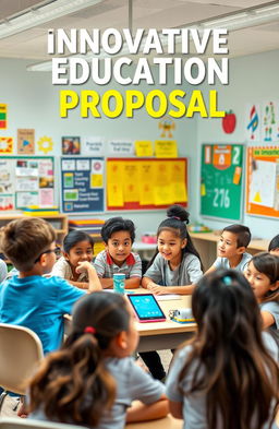 A vibrant classroom scene showcasing an innovative education proposal, featuring diverse students engaged in hands-on learning activities