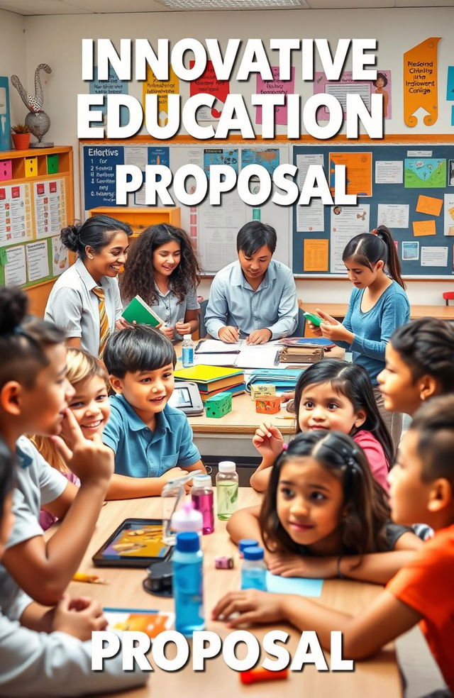 A vibrant classroom scene showcasing an innovative education proposal, featuring diverse students engaged in hands-on learning activities
