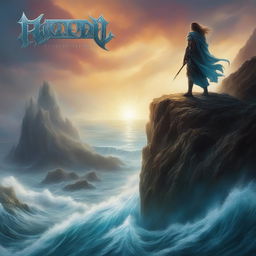 A power metal album cover featuring a vibrant, sunlit ocean scene