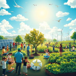 An artistic depiction of environmental culture, showcasing elements that represent green living, recycling, clean energy, and sustainable agriculture
