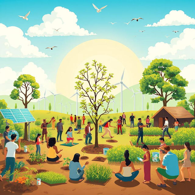An artistic depiction of environmental culture, showcasing elements that represent green living, recycling, clean energy, and sustainable agriculture