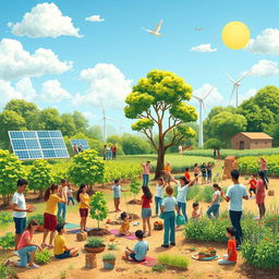 An artistic depiction of environmental culture, showcasing elements that represent green living, recycling, clean energy, and sustainable agriculture