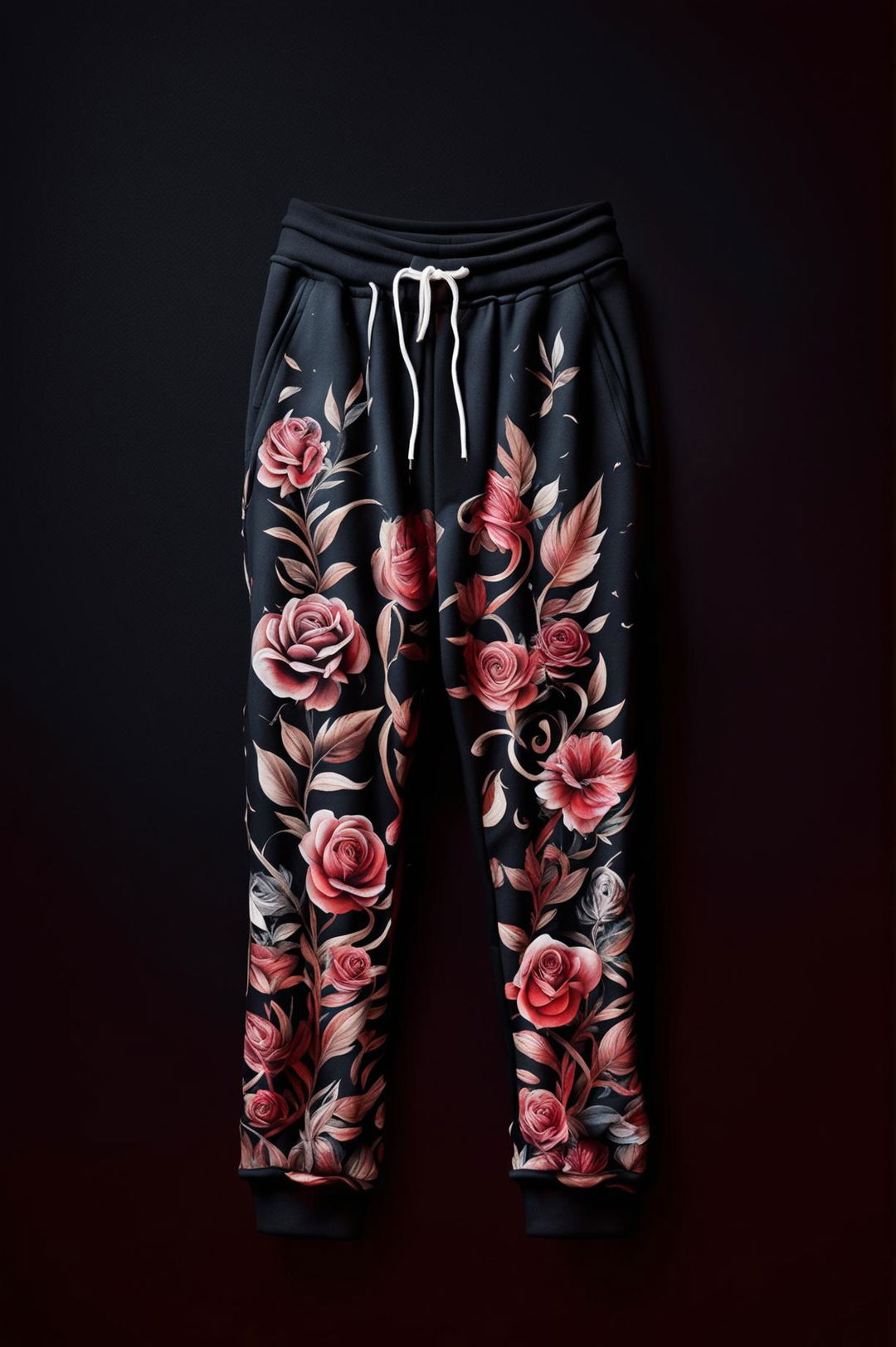 This is a description of a pair of black sweatpants featuring a vibrant, detailed red rose print