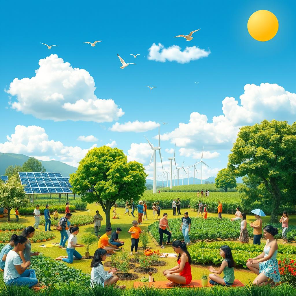 An artistic depiction of environmental culture, showcasing elements that represent green living, recycling, clean energy, and sustainable agriculture