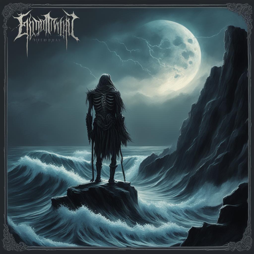 A death metal album cover featuring a stormy, moonlit ocean scene