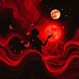 A book cover designed with an abstract art theme predominantly featuring red and black colors, creating dynamic waves of color throughout the layout
