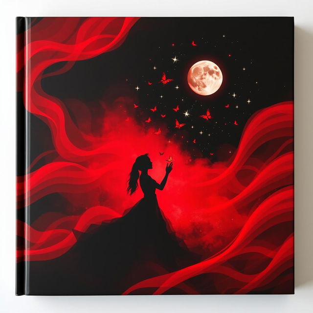 A book cover designed with an abstract art theme predominantly featuring red and black colors, creating dynamic waves of color throughout the layout