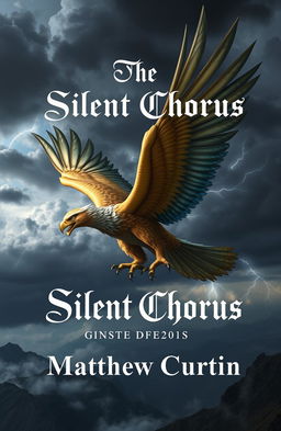 A majestic giant griffon soaring through a stormy sky, its feathers glistening with shades of gold and blue