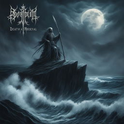 A death metal album cover featuring a stormy, moonlit ocean scene