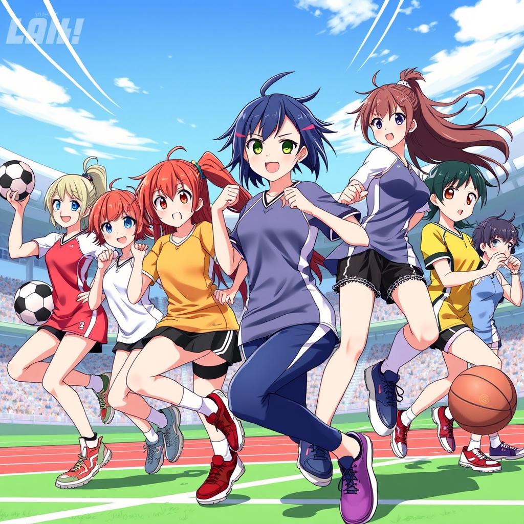 A vibrant illustration of athletic anime girls in action poses, showcasing diverse sports attire like soccer, basketball, and track uniforms