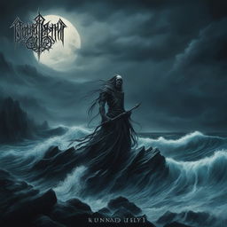 A death metal album cover featuring a stormy, moonlit ocean scene