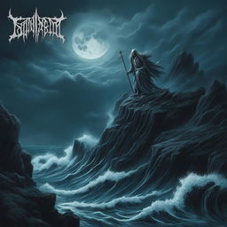 A death metal album cover featuring a stormy, moonlit ocean scene