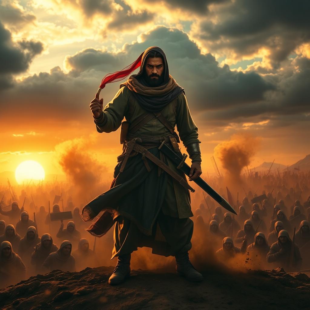 A valiant Mujahid standing resolutely on a battlefield, embodying strength and determination, as he faces a daunting army of a thousand enemies