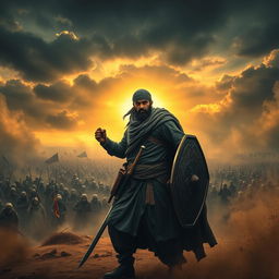 A valiant Mujahid standing resolutely on a battlefield, embodying strength and determination, as he faces a daunting army of a thousand enemies