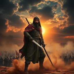 A valiant Mujahid standing resolutely on a battlefield, embodying strength and determination, as he faces a daunting army of a thousand enemies