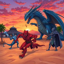 Anime style illustration depicting a tense fantasy scene in the evening
