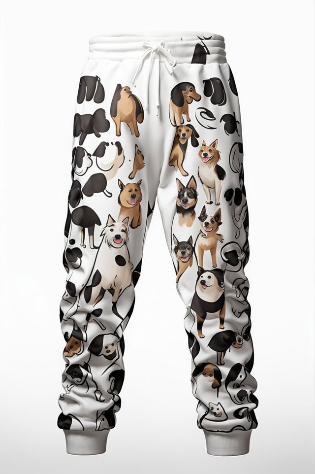 This is a description of a pair of white sweatpants featuring a playful, detailed black dog print