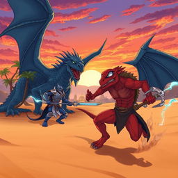 Anime style illustration depicting a tense fantasy scene in the evening