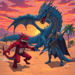 Anime style illustration depicting a tense fantasy scene in the evening