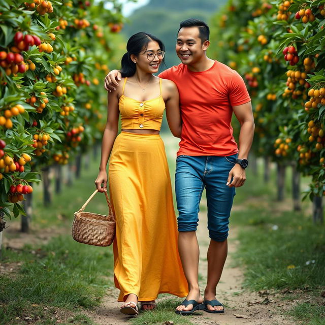 A tall, muscular Indonesian woman wearing a bright yellow tight button-up crop top and a low-waist long batik cloth, paired with wooden sandals