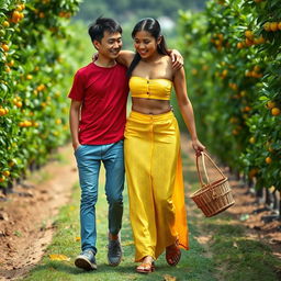 A tall, muscular Indonesian woman wearing a bright yellow tight button-up crop top and a low-waist long batik cloth, paired with wooden sandals