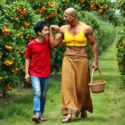 A tall, muscular Indonesian woman wearing a bright yellow tight button-up crop top and a low-waist long batik cloth, paired with wooden sandals