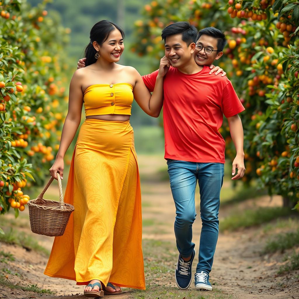 A tall, muscular Indonesian woman dressed in a bright yellow tight button-up crop top, alongside a flowing low-waist long batik cloth, and wearing wooden sandals