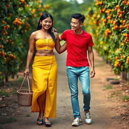 A tall, muscular Indonesian woman dressed in a bright yellow tight button-up crop top, alongside a flowing low-waist long batik cloth, and wearing wooden sandals