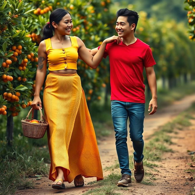 A tall, muscular Indonesian woman dressed in a bright yellow tight button-up crop top, alongside a flowing low-waist long batik cloth, and wearing wooden sandals