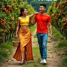 A tall, muscular Indonesian woman dressed in a bright yellow tight button-up crop top, alongside a flowing low-waist long batik cloth, and wearing wooden sandals