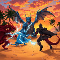 Anime style illustration depicting a dramatic fantasy scene in the evening