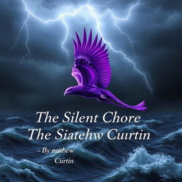 A striking purple griffon majestic in flight, soaring over a tumultuous stormy sea