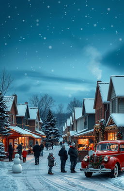 A picturesque snowy scene of a small town in Indiana during Christmas time