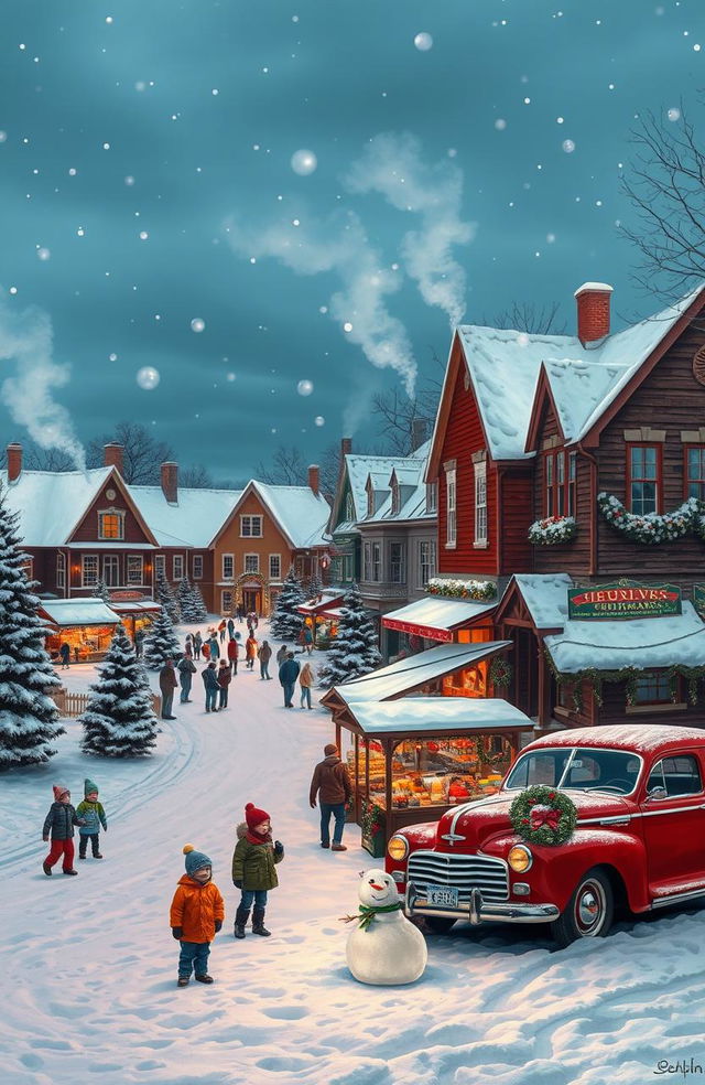 A picturesque snowy scene of a small town in Indiana during Christmas time